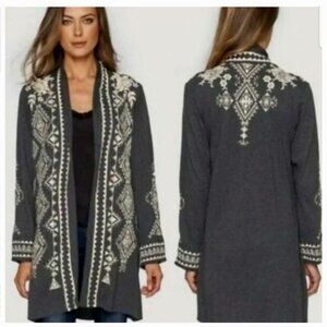 Johnny Was Tulia Embroidered Cardigan Open Front Women's Large Black Cream